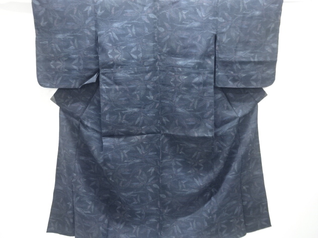 大正ロマン　枝葉模様織出し手織り真綿小千谷紬単衣着物